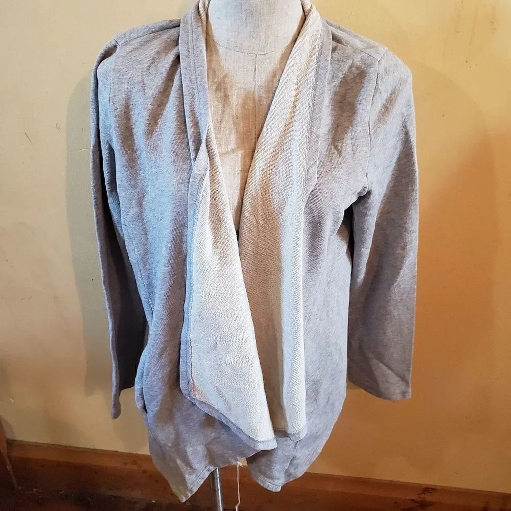 Eileen Fisher grey cotton drape front cardigan Large